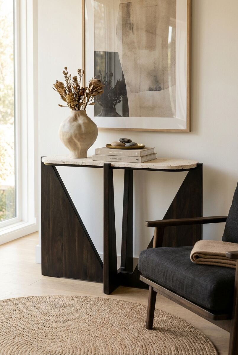 Winton Cream Travertine and Black Acacia Wood Console Table, 120 cm