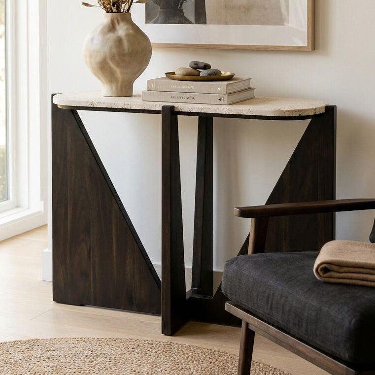 Winton Cream Travertine and Black Acacia Wood Console Table, 120 cm