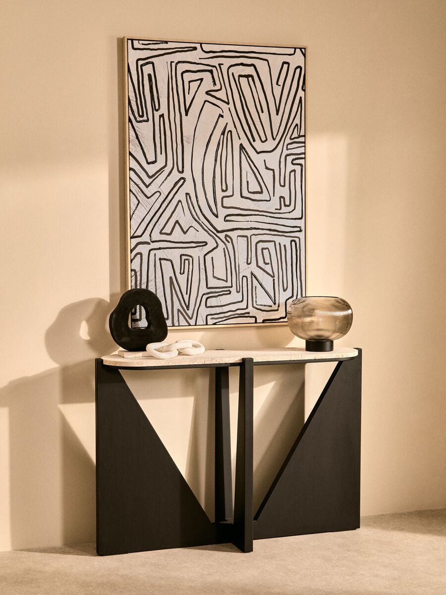 Winton Cream Travertine and Black Acacia Wood Console Table, 120 cm
