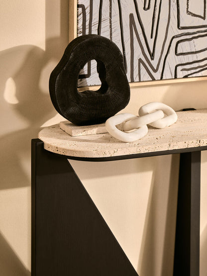 Winton Cream Travertine and Black Acacia Wood Console Table, 120 cm