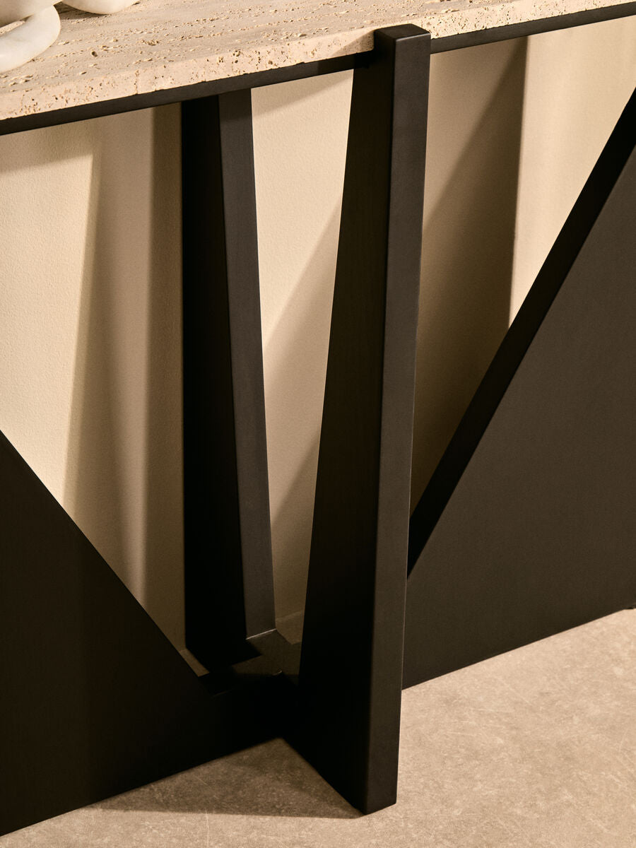 Winton Cream Travertine and Black Acacia Wood Console Table, 120 cm