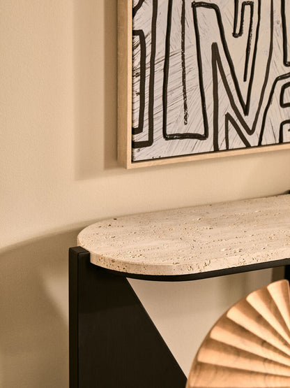 Winton Cream Travertine and Black Acacia Wood Console Table, 120 cm