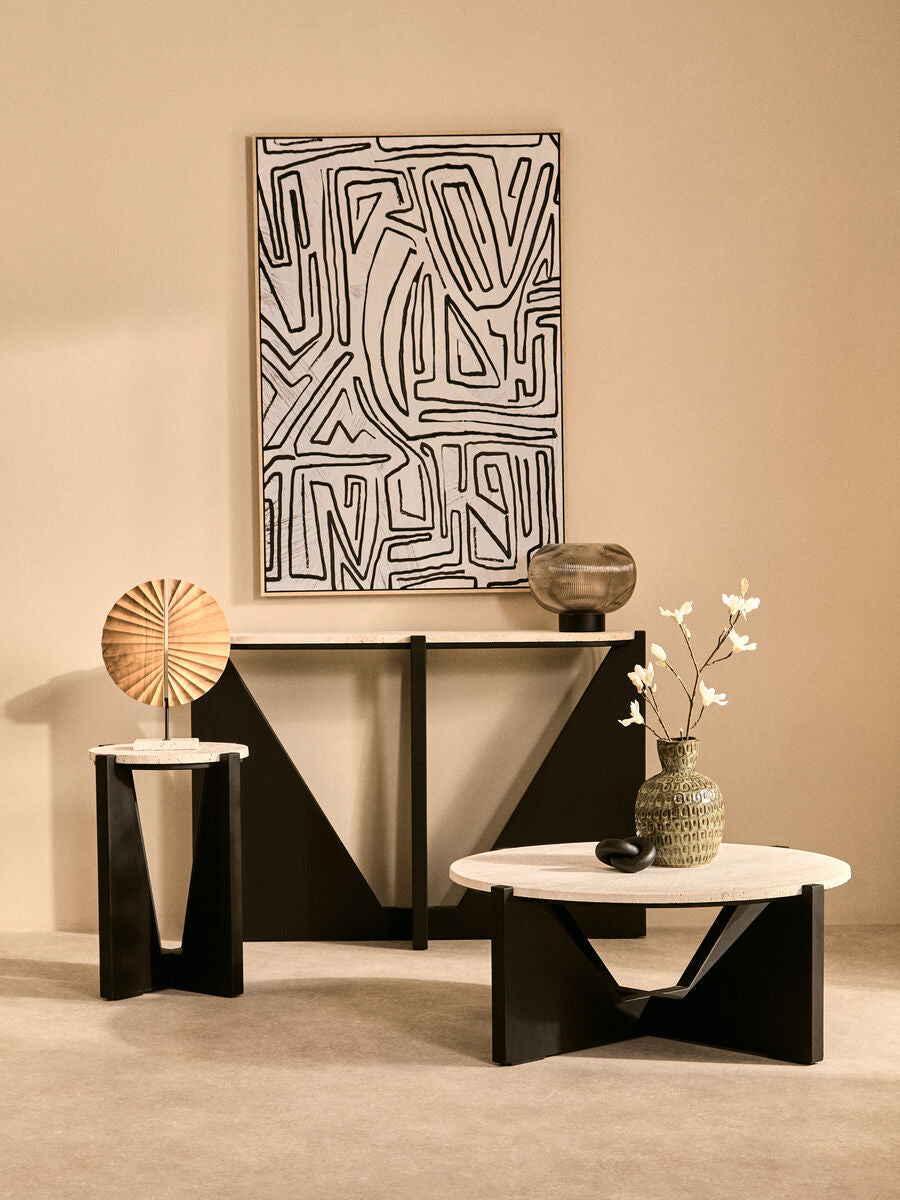 Winton Cream Travertine and Black Acacia Wood Console Table, 120 cm