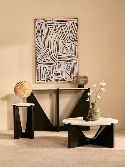 Winton Cream Travertine and Black Acacia Wood Console Table, 120 cm