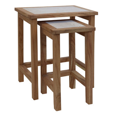 Womad Cream Travertine and Wood Small Nesting Side Tables, Set of 2
