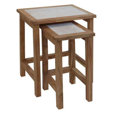 Womad Cream Travertine and Wood Small Nesting Side Tables, Set of 2