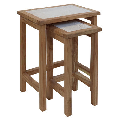 Womad Cream Travertine and Wood Small Nesting Side Tables, Set of 2