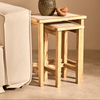 Womad Cream Travertine and Wood Small Nesting Side Tables, Set of 2