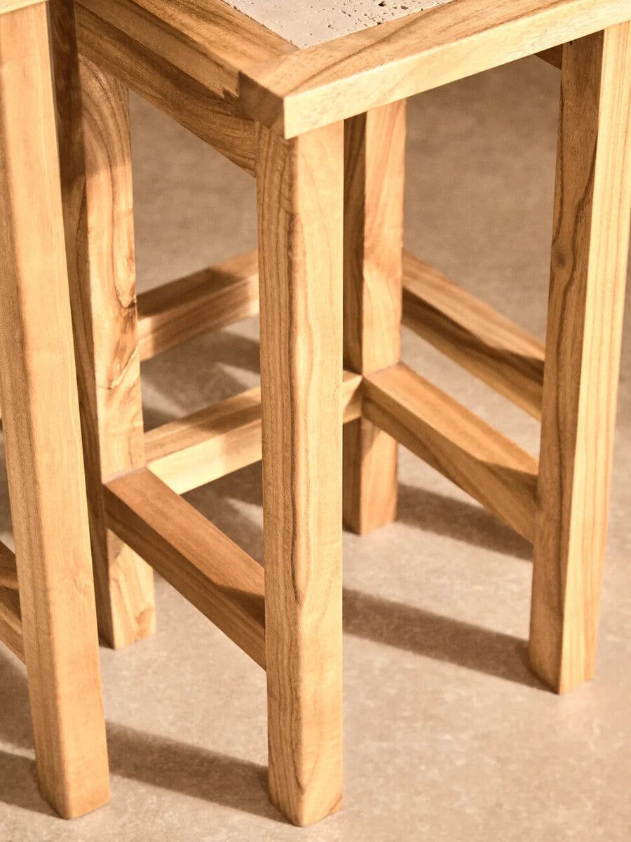 Womad Cream Travertine and Wood Small Nesting Side Tables, Set of 2