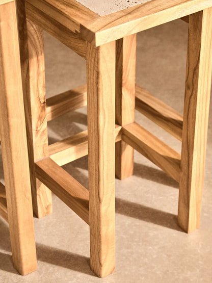 Womad Cream Travertine and Wood Small Nesting Side Tables, Set of 2