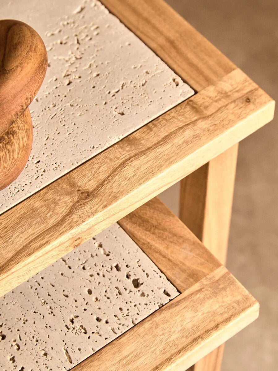 Womad Cream Travertine and Wood Small Nesting Side Tables, Set of 2