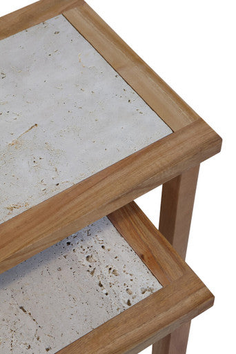 Womad Cream Travertine and Wood Small Nesting Side Tables, Set of 2