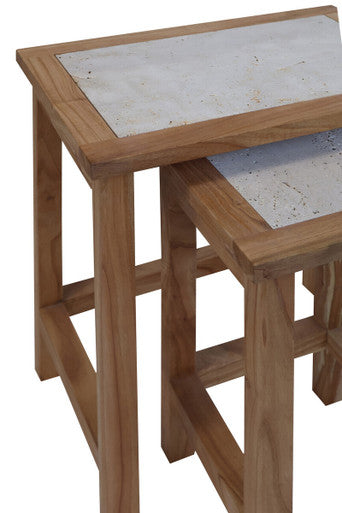 Womad Cream Travertine and Wood Small Nesting Side Tables, Set of 2