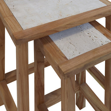 Womad Cream Travertine and Wood Small Nesting Side Tables, Set of 2