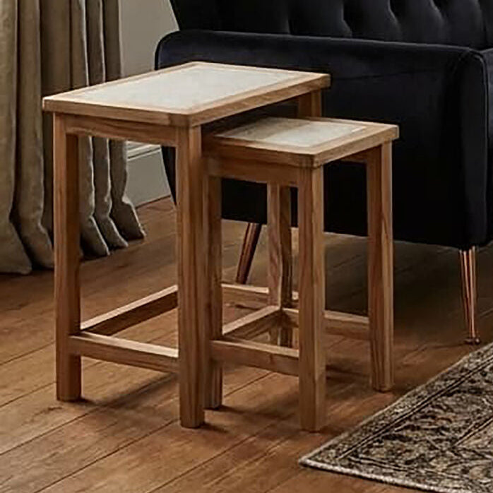 Womad Cream Travertine and Wood Small Nesting Side Tables, Set of 2