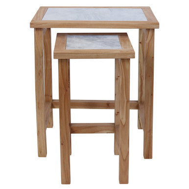 Womad White Marble and Wood Small Nesting Side Tables, Set of 2