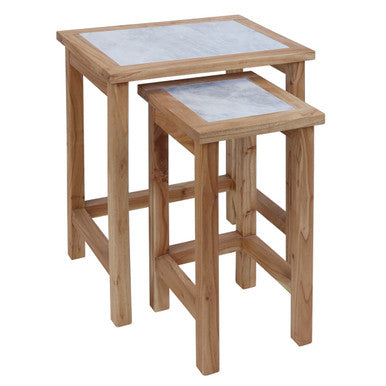 Womad White Marble and Wood Small Nesting Side Tables, Set of 2