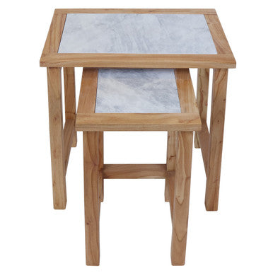 Womad White Marble and Wood Small Nesting Side Tables, Set of 2