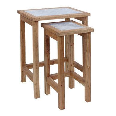 Womad White Marble and Wood Small Nesting Side Tables, Set of 2