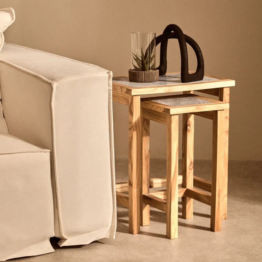 Womad White Marble and Wood Small Nesting Side Tables, Set of 2