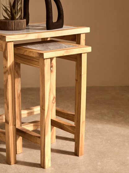 Womad White Marble and Wood Small Nesting Side Tables, Set of 2