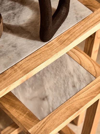Womad White Marble and Wood Small Nesting Side Tables, Set of 2