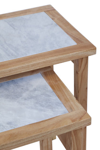 Womad White Marble and Wood Small Nesting Side Tables, Set of 2