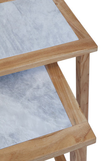 Womad White Marble and Wood Small Nesting Side Tables, Set of 2