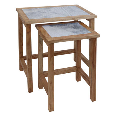 Womad White Marble and Wood Large Nesting Side Tables, Set of 2