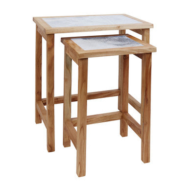 Womad White Marble and Wood Large Nesting Side Tables, Set of 2