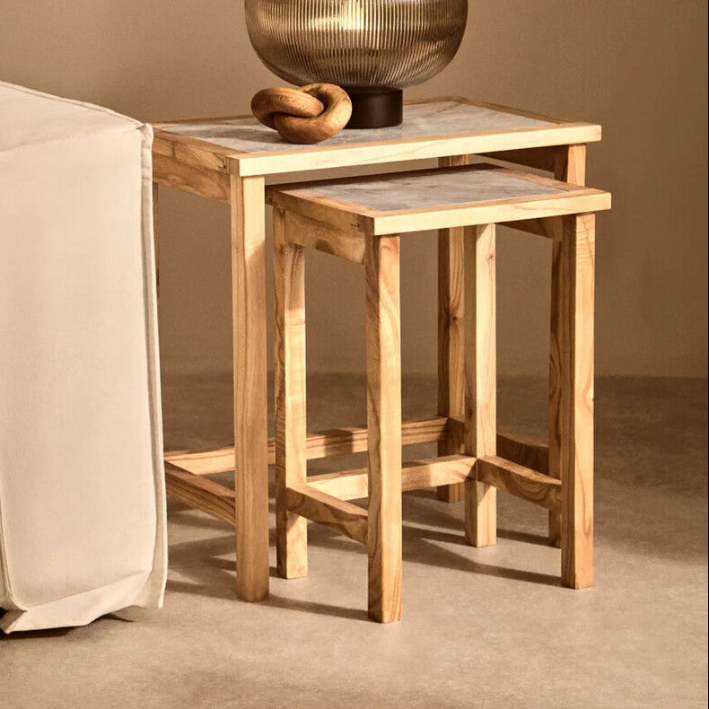 Womad White Marble and Wood Large Nesting Side Tables, Set of 2