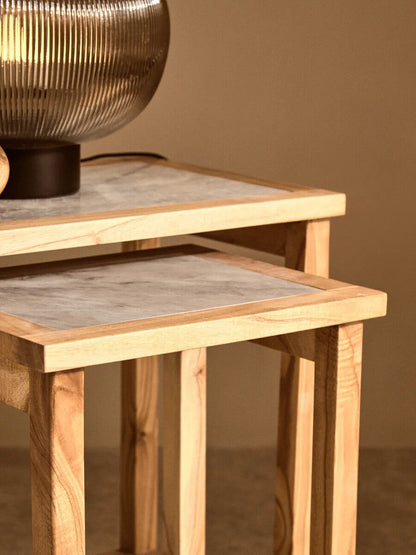 Womad White Marble and Wood Large Nesting Side Tables, Set of 2