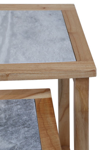 Womad White Marble and Wood Large Nesting Side Tables, Set of 2