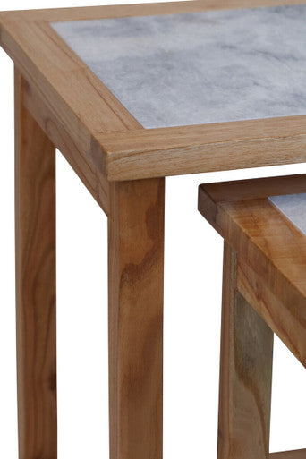 Womad White Marble and Wood Large Nesting Side Tables, Set of 2