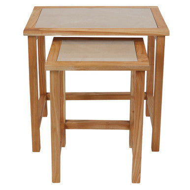 Womad Cream Marble and Wood Large Nesting Side Tables, Set of 2