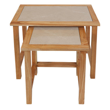 Womad Cream Marble and Wood Large Nesting Side Tables, Set of 2