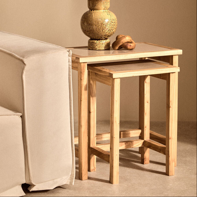 Womad Cream Marble and Wood Large Nesting Side Tables, Set of 2