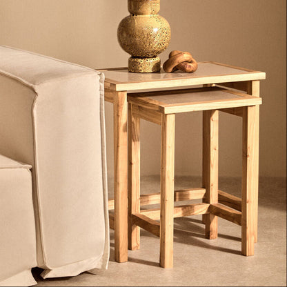 Womad Cream Marble and Wood Large Nesting Side Tables, Set of 2