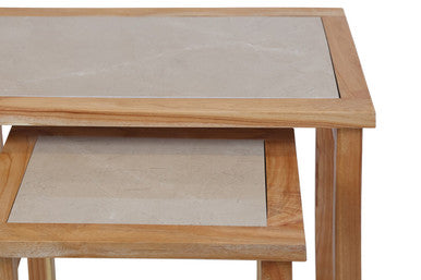 Womad Cream Marble and Wood Large Nesting Side Tables, Set of 2