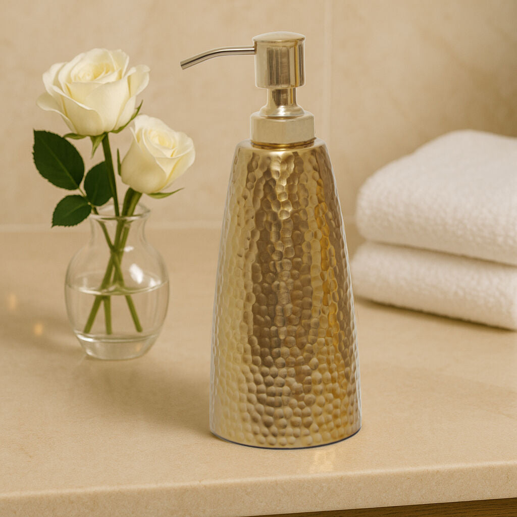 Allegra Gold Hammered Effect Soap Dispenser styled on a vanity