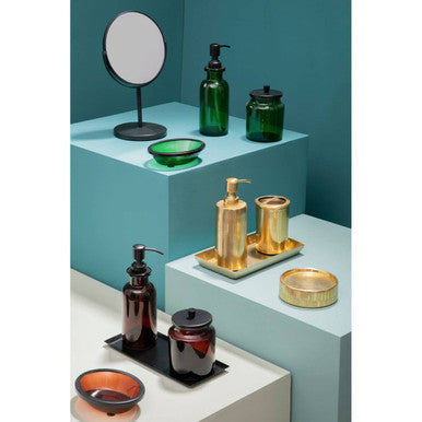 Allegra Kiara Brown Glass Soap Dispenser styled with matching accessories