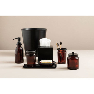 Allegra Kiara Brown Glass Soap Dispenser styled on a bathroom counter