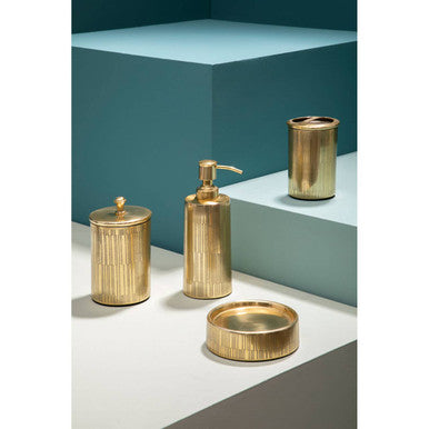 Allegra Gold Line Effect Soap Dispenser shown in a bathroom setting