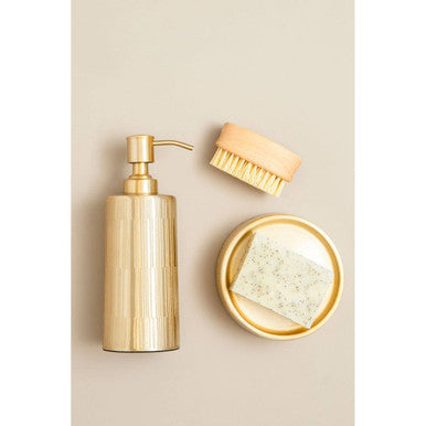 Allegra Gold Line Effect Soap Dispenser styled on a bathroom counter