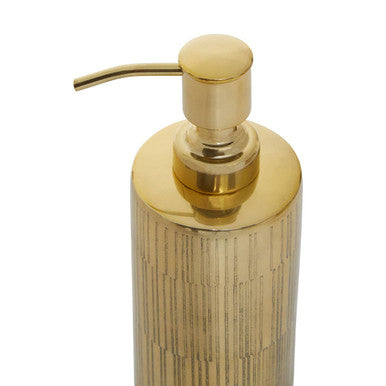 Close-up of the line-effect texture on the Allegra Gold Soap Dispenser
