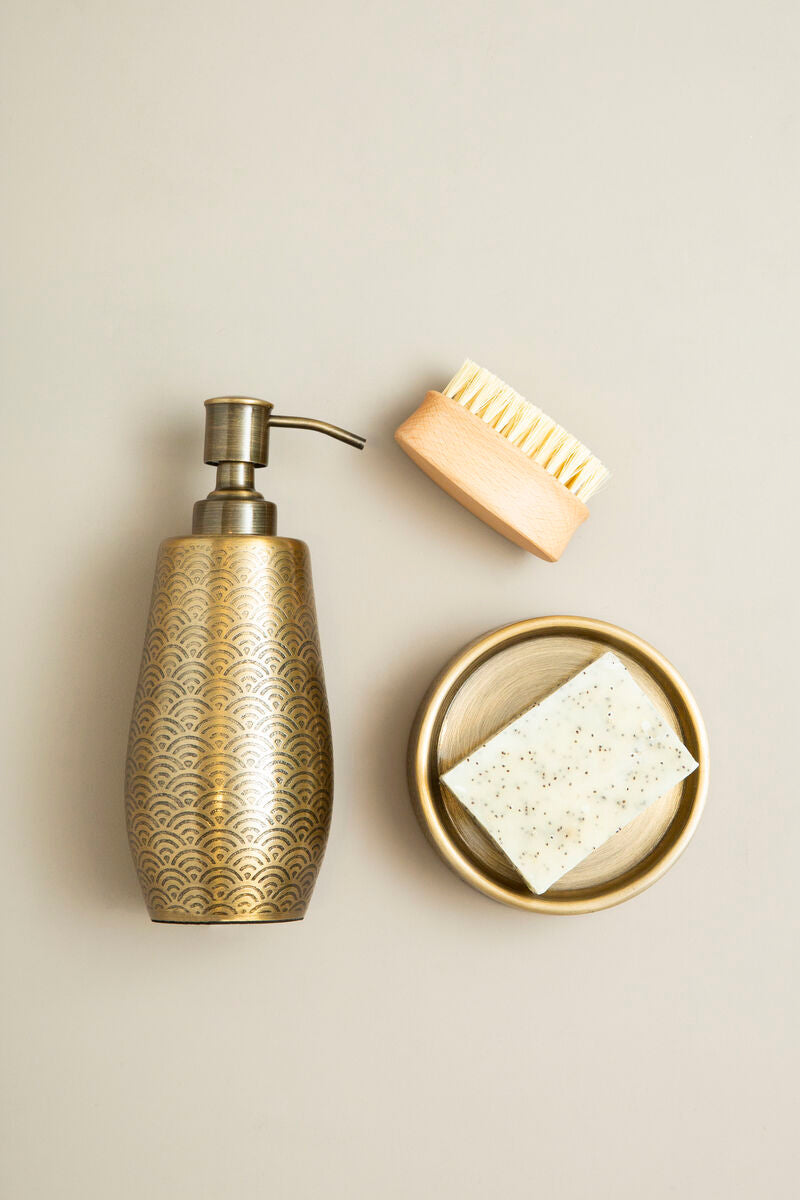 Allegra Gold Etched Soap Dispenser shown from a different angle