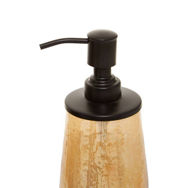 Close-up of the textured glass on the Allegra Black and Gold Soap Dispenser
