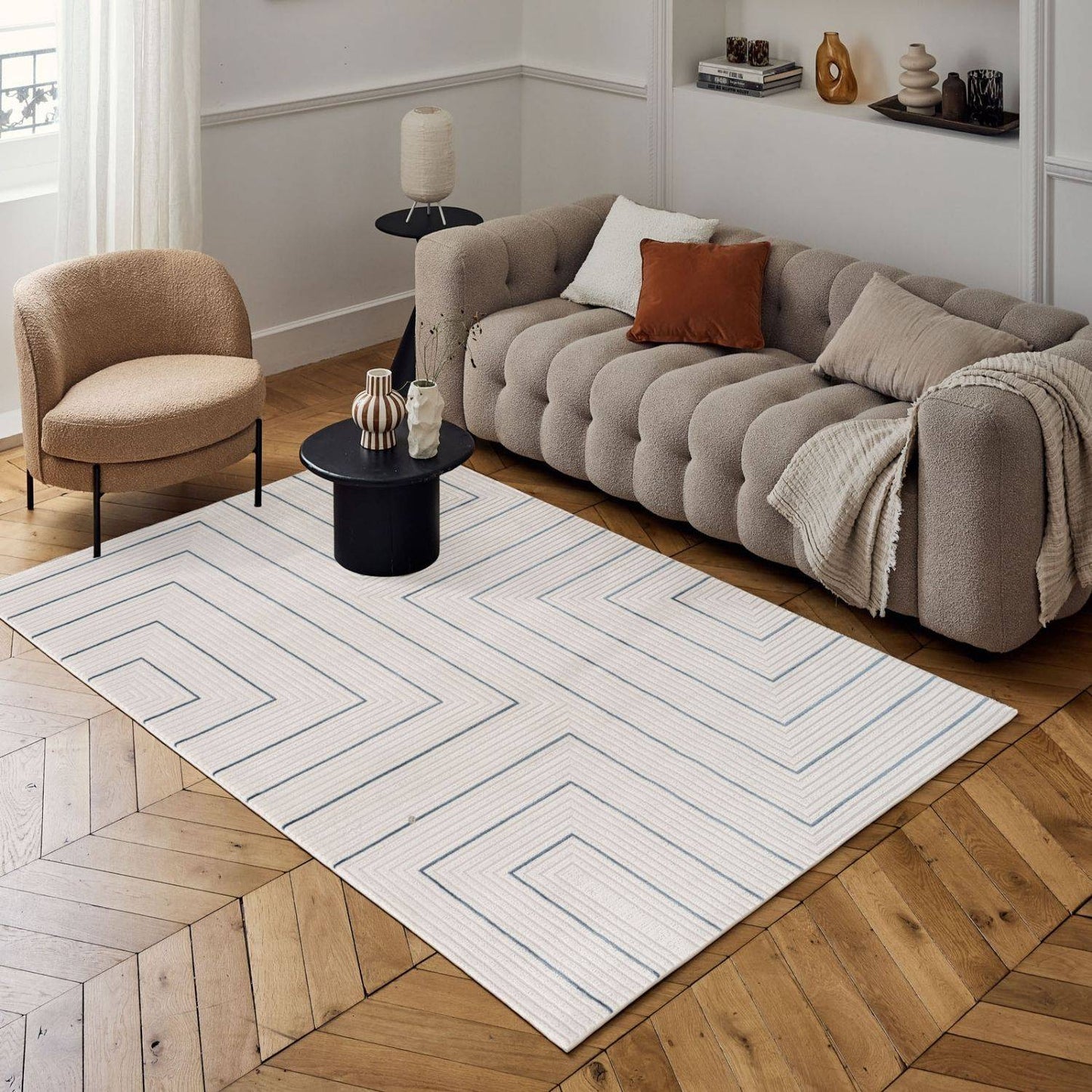 Carmel Cream-Blue Geometric Rug | 6040