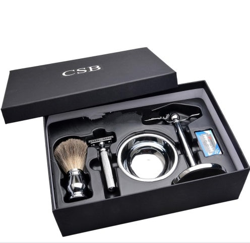 CSB Men's Shaving Set – Double Edge Safety Razor, Badger Hair Brush, Chrome Stand, Mug, Bowl, Soap and 10 Blades