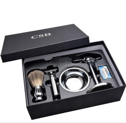 CSB Men's Shaving Set – Double Edge Safety Razor, Badger Hair Brush, Chrome Stand, Mug, Bowl, Soap and 10 Blades